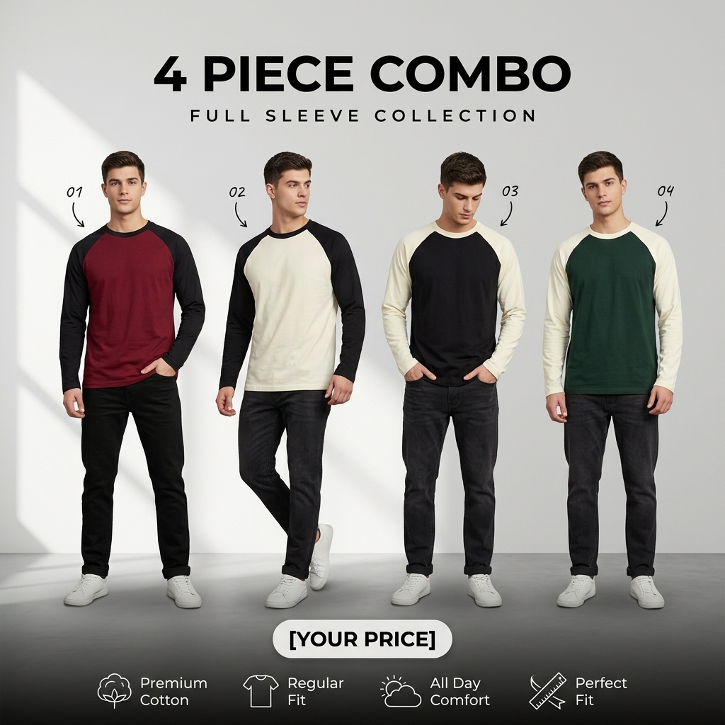 4 Pcs Premium Full Sleeve Raglan T-Shirt